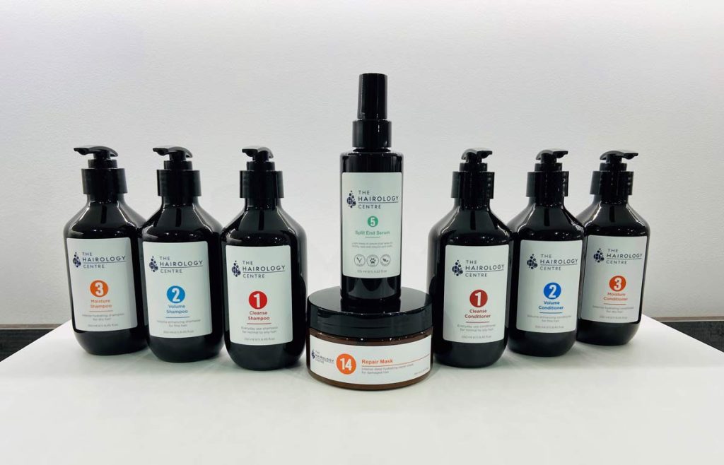 The range of The Hairology Centre shampoos and conditioners